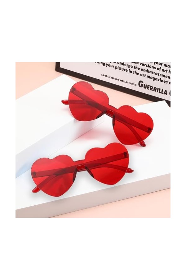 ZKSXOA 6 Paires de Lunettes Soleil Sans Monture en Forme Coeur Lunettes Soleil Coeur Sans Cadre Verres Clairs Couleur Bonbon 