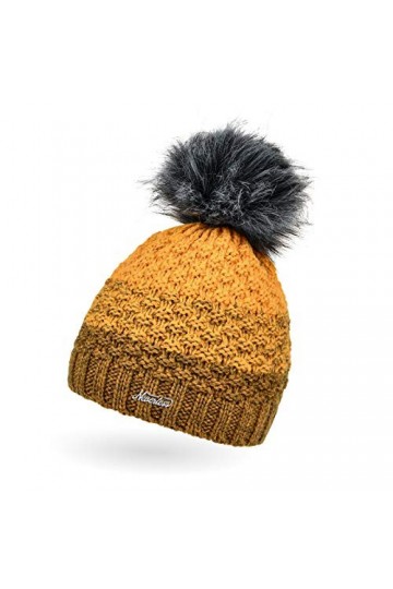 Neverless® Bonnet tricoté doublé polaire avec pompon en fourrure synthétique pour femme - Jaune - Taille Unique
