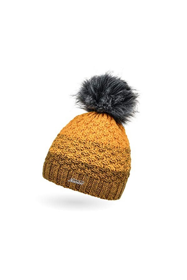 Neverless® Bonnet tricoté doublé polaire avec pompon en fourrure synthétique pour femme - Jaune - Taille Unique