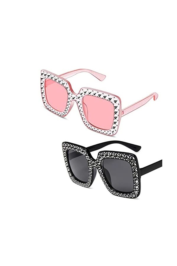 Lunettes de Soleil Strass Surdimensionnées,2Pair Lunettes de Soleil Femme Polarisée Surdimensionnées Carrées à Monture Épaiss