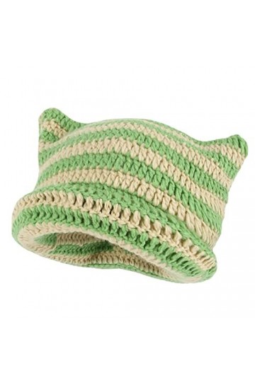 SINSEN Bonnet en crochet pour femme avec oreilles de chat tricoté à rayures pour lhiver chaud et élastique pour filles, adul