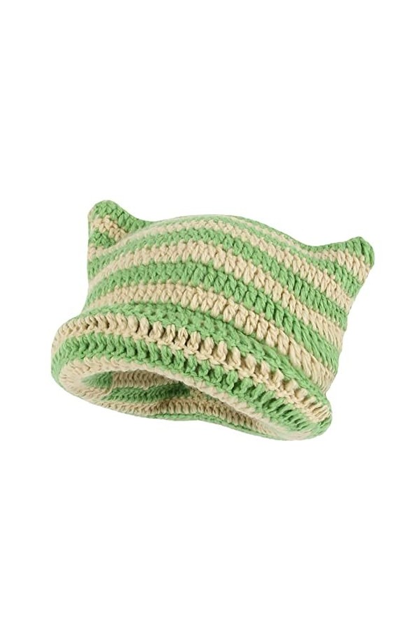 SINSEN Bonnet en crochet pour femme avec oreilles de chat tricoté à rayures pour lhiver chaud et élastique pour filles, adul