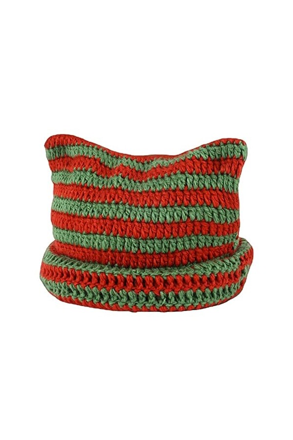 SINSEN Bonnet en crochet pour femme avec oreilles de chat tricoté à rayures pour lhiver chaud et élastique pour filles, adul