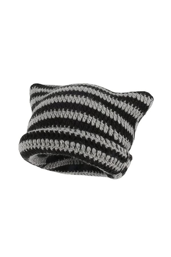 SINSEN Bonnet en crochet pour femme avec oreilles de chat tricoté à rayures pour lhiver chaud et élastique pour filles, adul