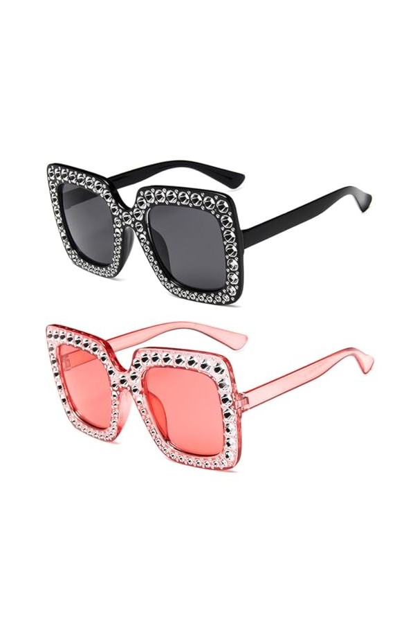 SSRDFU Lunettes de Soleil pour Femme - 2 PCS Lunettes de Soleil carrées surdimensionnées Strass Shades Women, Lunettes de sol