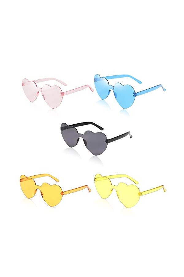 5 Paires Lunettes de Soleil en Forme de Coeur, Lunettes en Forme de Coeur, Lunettes Parti de Soleil Hippie Lunettes de Soleil