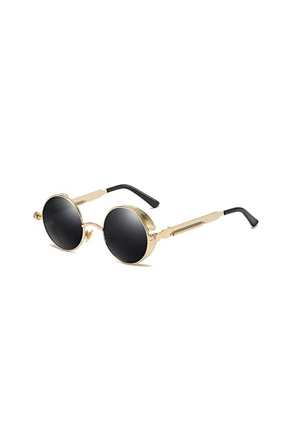JiXuan Lunettes de Soleil polarisées rondes en Métal Gothic Steampunk Lunettes de Soleil Hommes Femmes Retro Vintage Shield S