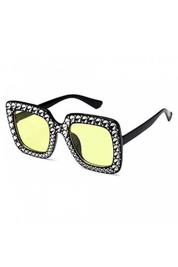 Lunettes de soleil surdimensionnées carrées avec strass œil de chat rétro pour femme - Jaune -