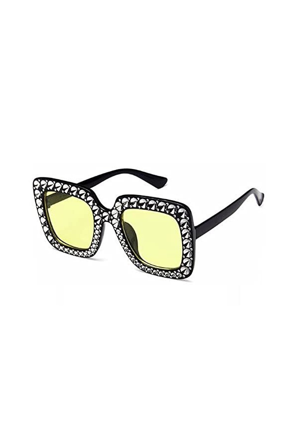 Lunettes de soleil surdimensionnées carrées avec strass œil de chat rétro pour femme - Jaune -