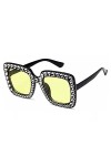 Lunettes de soleil surdimensionnées carrées avec strass œil de chat rétro pour femme - Jaune -
