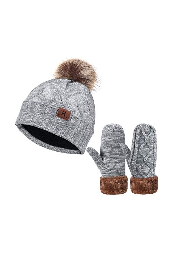 Ensemble de gants de bonnet en tricot dhiver pour femmes, bonnet de crâne doublé de polaire thermique chaud avec mitaines en