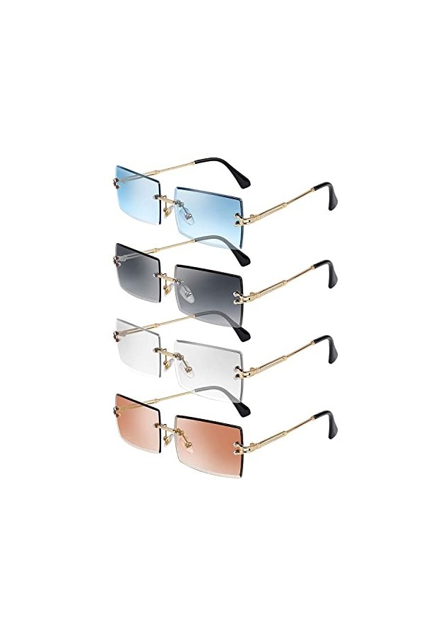 Lassuzie Lunettes de Soleil Rectangulaires sans Monture, 4 Pièces Mode Vintage Pour Homme et Femme
