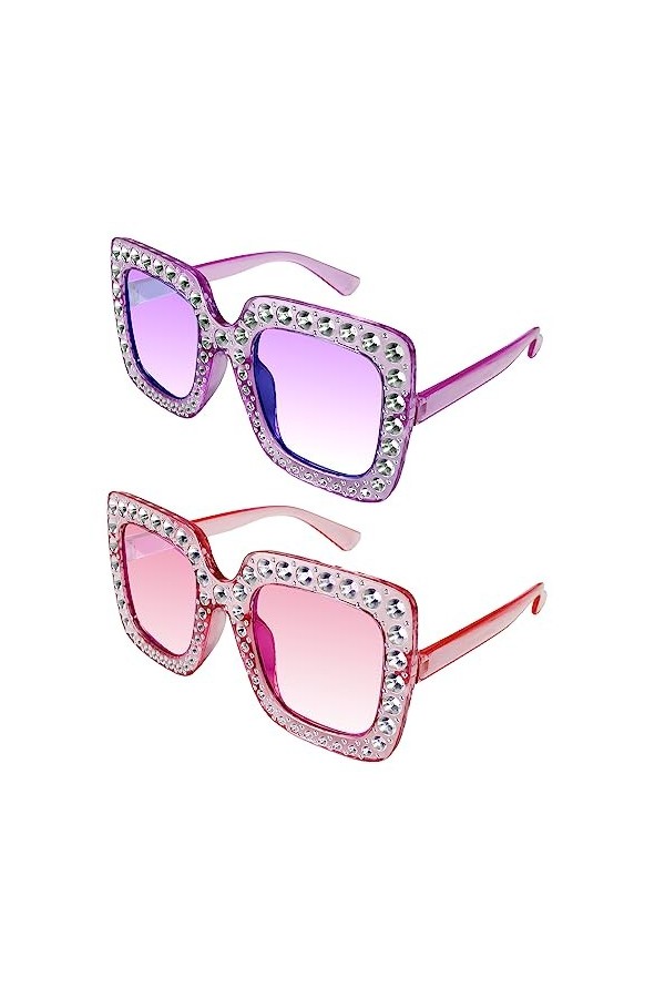 Klfoho Lot de 2 lunettes de soleil surdimensionnées à strass tendance rétro pour femme et homme - Monture épaisse - Accessoir