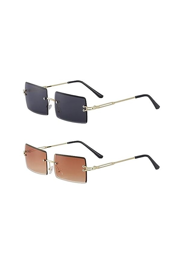 SKHAOVS 2 Pièces Lunettes de Soleil Sans Monture Carrées Classique Mode Rectangle Lunettes de Soleil Rétro Lunettes de Soleil