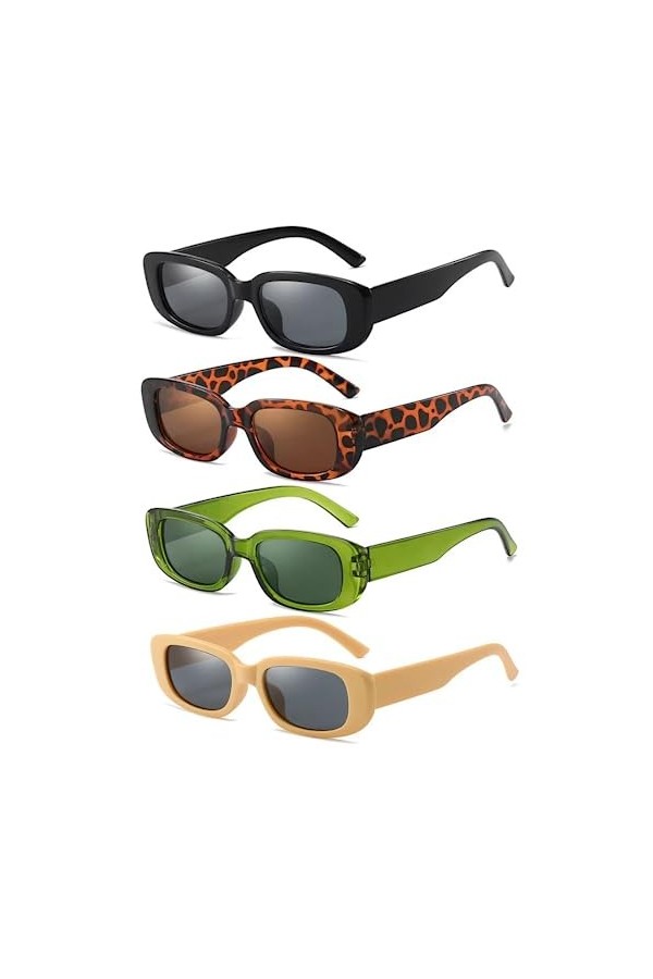 Lunettes de Soleil Rectangulaires, 4 Pièces Lunettes Vintage Rectangulaires, Lunettes Rétro Hippie Années 90 pour Hommes et F