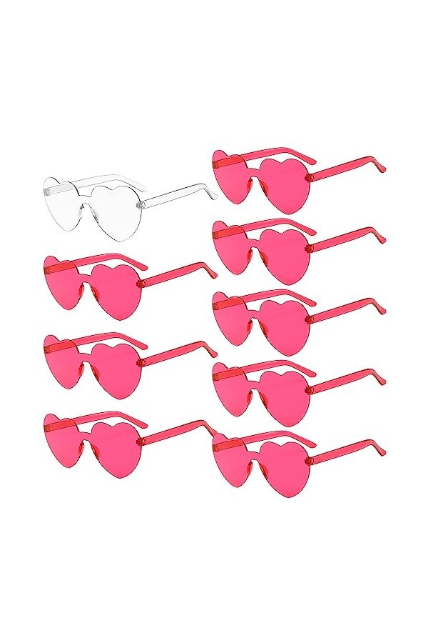 Lunettes Evjf, 9 Pièces Heart Glasses, Lunettes de Soleil Coeur, 1 Transparent + 8 Rose Rouge Heart Shaped Sunglasses, Lunett