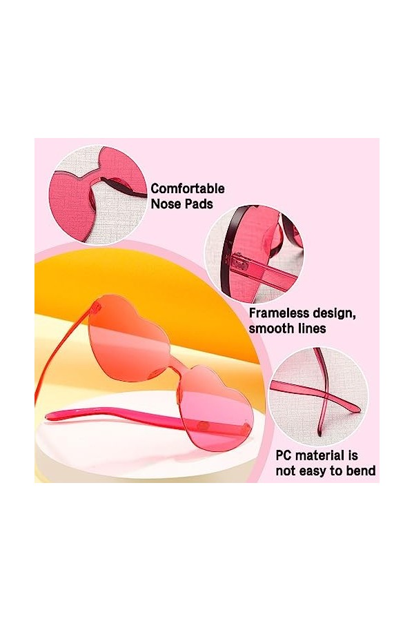 Lunettes Evjf, 9 Pièces Heart Glasses, Lunettes de Soleil Coeur, 1 Transparent + 8 Rose Rouge Heart Shaped Sunglasses, Lunett