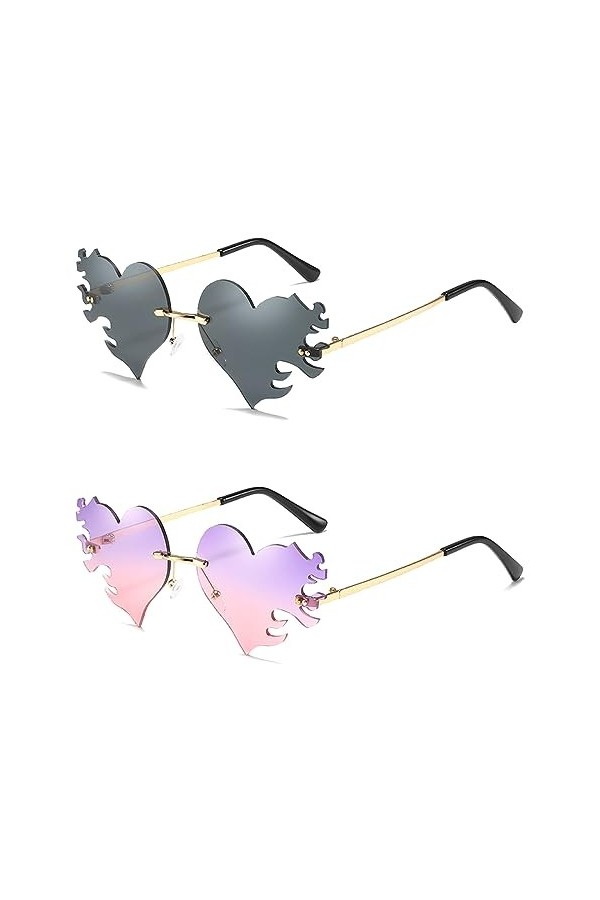 ASYKNM Ensemble de 2 paires de lunettes de soleil pour femme avec motif en forme de cœur et style hippie, monture en doré ros