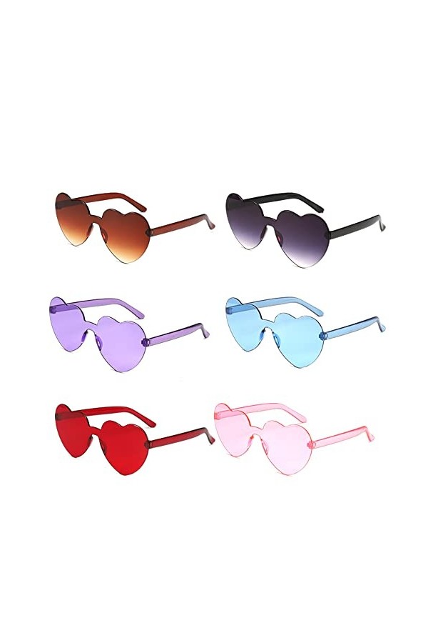 6 Paires Lunettes de Soleil en Forme de Coeur,Lunettes de Soleil Monture Coeur Couleur Bonbon Lunettes de Soleil sans Monture