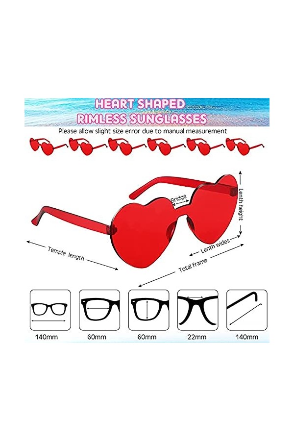 6 Paires Lunettes de Soleil en Forme de Coeur,Lunettes de Soleil Monture Coeur Couleur Bonbon Lunettes de Soleil sans Monture