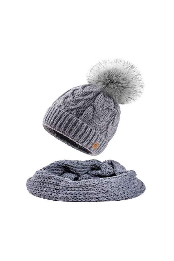 MFAZ Morefaz Ltd Ensemble Bonnet et écharpe Femme Laine Mohair Bonnet dhiver Tricotée Polaire Pom Pom Grey Set Bonnet & Ech
