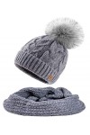 MFAZ Morefaz Ltd Ensemble Bonnet et écharpe Femme Laine Mohair Bonnet dhiver Tricotée Polaire Pom Pom Grey Set Bonnet & Ech