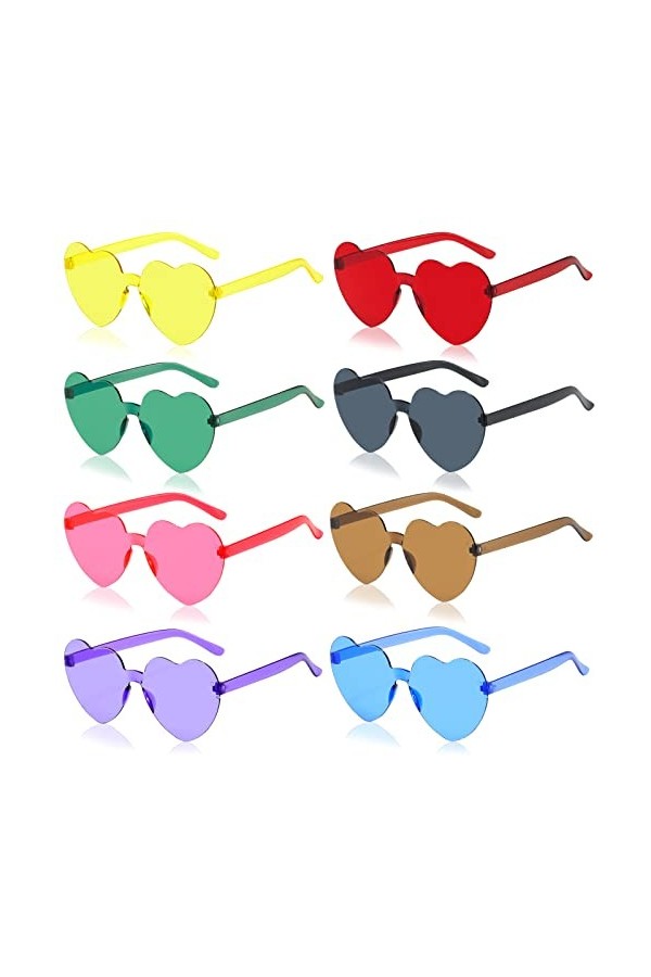 Lot de 8 paires de lunettes de soleil en forme de cœur - Lunettes de soleil rétro - Lunettes de soleil sans bordure - Lunette