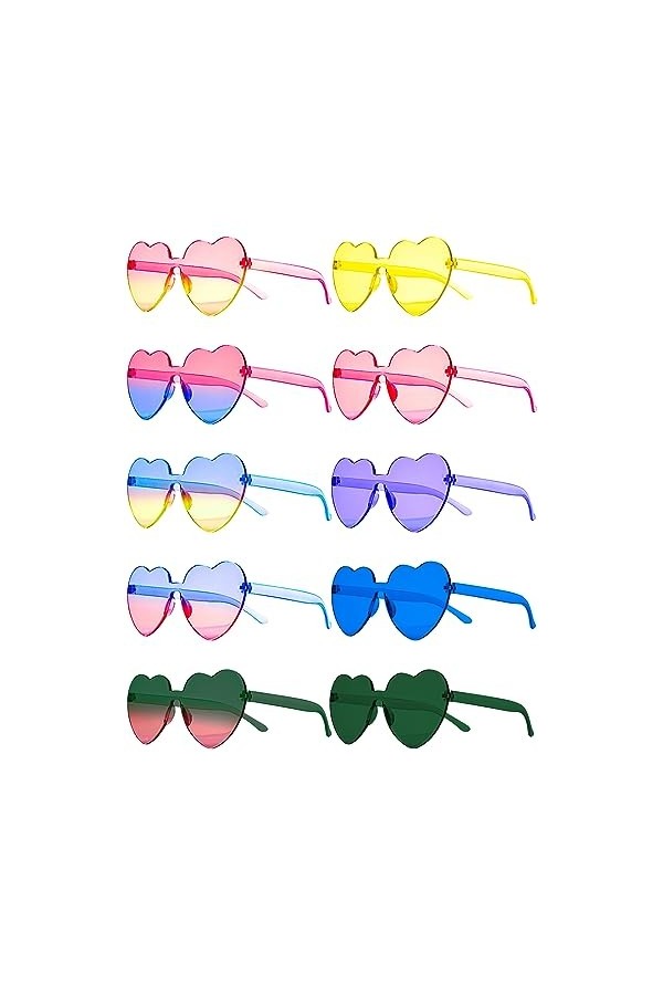Hengxinc 10 Paires Lunettes Coeur Couleur Lunette Coeur,Lunette Festival,Gradient Lunettes de Soleil Coeur Femme,Heart Shaped