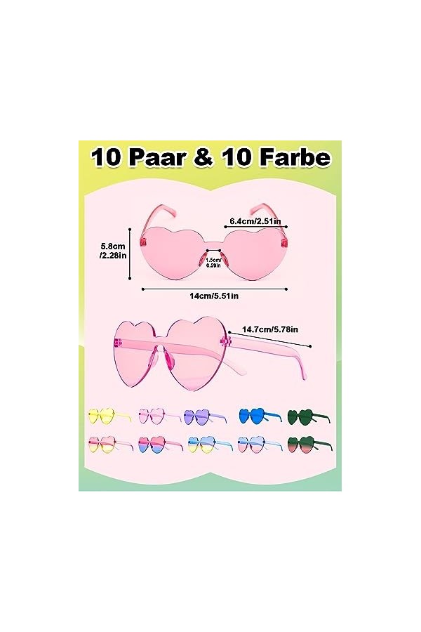 Hengxinc 10 Paires Lunettes Coeur Couleur Lunette Coeur,Lunette Festival,Gradient Lunettes de Soleil Coeur Femme,Heart Shaped