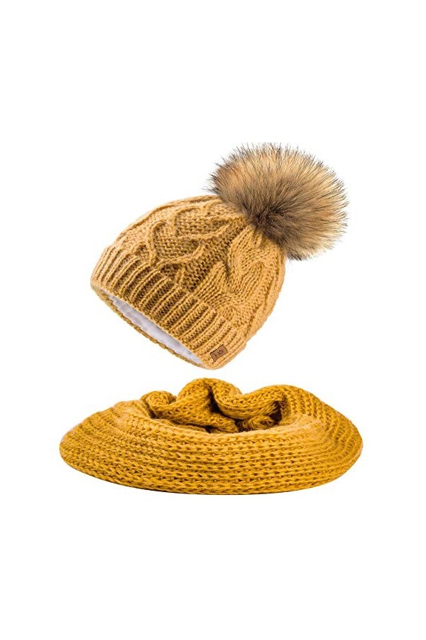 MFAZ Morefaz Ltd Ensemble Bonnet et écharpe Femme Laine Mohair Bonnet dhiver Tricotée Polaire Pom Pom Grey Set Bonnet & Ech