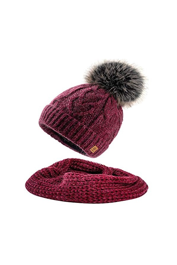 MFAZ Morefaz Ltd Ensemble Bonnet et écharpe Femme Laine Mohair Bonnet dhiver Tricotée Polaire Pom Pom Grey Set Bonnet & Ech