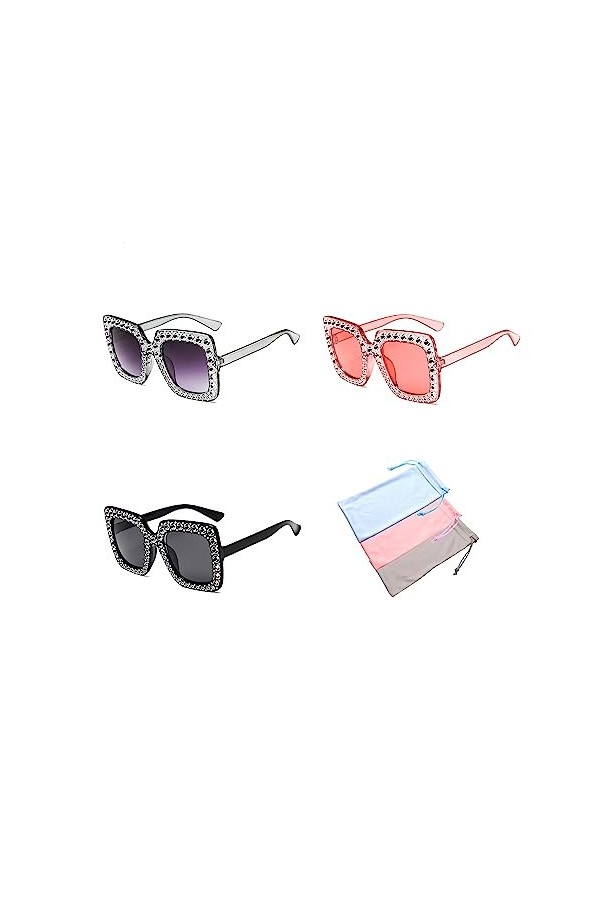3pcs lunettes de soleil carrées en strass avec 3 poches pour lunettes, lunettes de soleil carrées unisexes en diamant, lunett