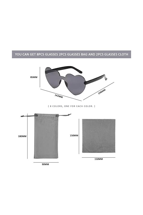 YSDYY Lot de 8 lunettes en forme de cœur sans monture, lunettes hippie colorées, lunettes de soleil tendance pour adultes et 