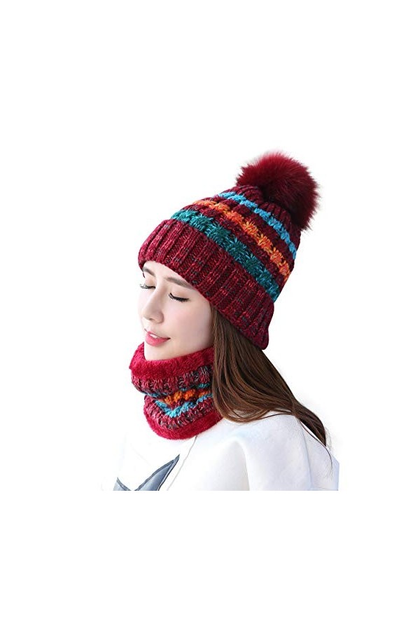 Magracy Ensemble bonnet et écharpe tricotés pour femme et fille avec pompon, rouge vin, M