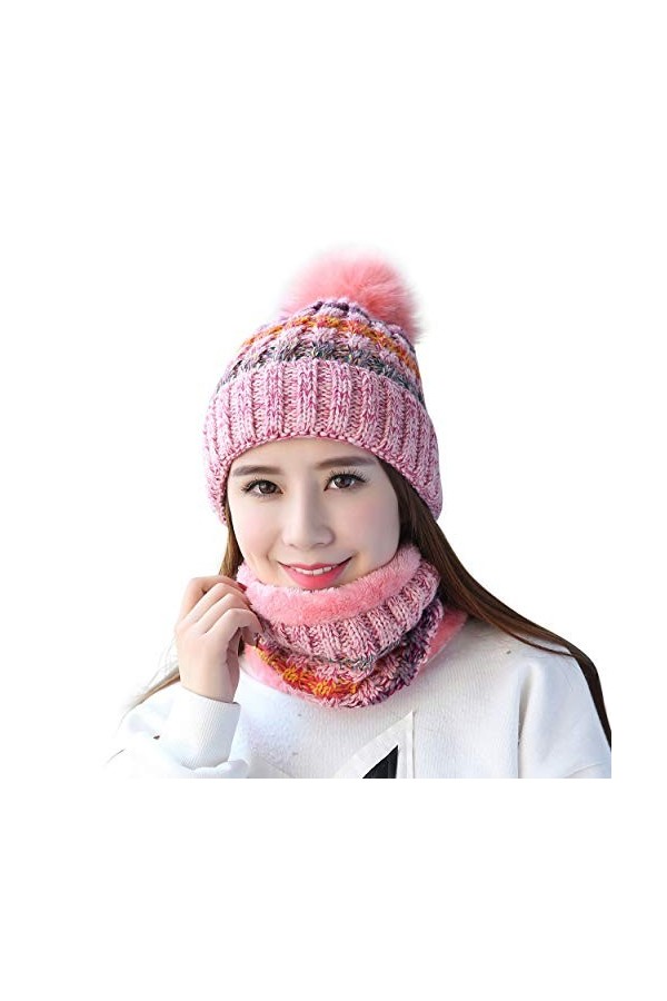 Magracy Ensemble bonnet et écharpe tricotés pour femme et fille avec pompon, rouge vin, M