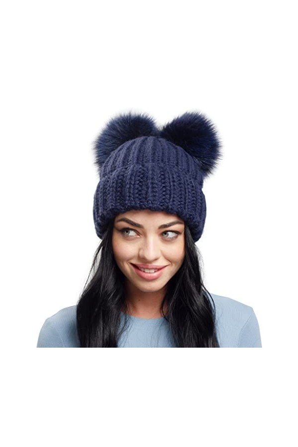 Bonnet dhiver à 2 pompons pour femme avec doublure en polaire, noir foncé, XL