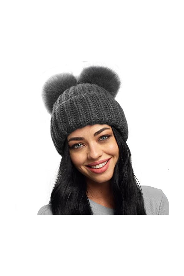 Bonnet dhiver à 2 pompons pour femme avec doublure en polaire, noir foncé, XL