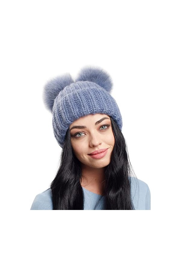 Bonnet dhiver à 2 pompons pour femme avec doublure en polaire, noir foncé, XL