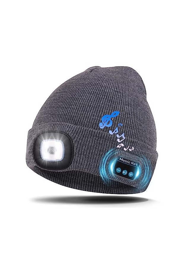 Kaishengyuan Bonnet de Musique sans Fil Bluetooth,Bonnet dhiver avec lumière,4 LED Perles de Lampe, Chargement USB,Homme Fem