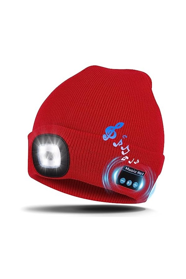 Kaishengyuan Bonnet de Musique sans Fil Bluetooth,Bonnet dhiver avec lumière,4 LED Perles de Lampe, Chargement USB,Homme Fem