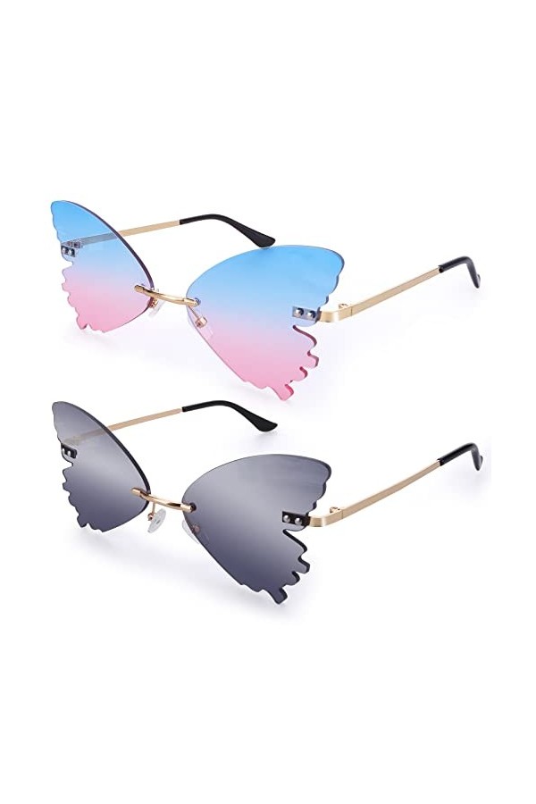 2 Pièces Lunettes de Soleil Papillon Lunettes de Soleil Colorées Sans Monture Cool Fun Lunettes de Soleil Irrégulières Hommes