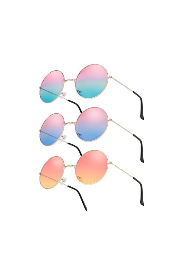 Fanshiontide 3 paires de lunettes de soleil hippie rondes style années 60 cercle coloré festival lunettes de soleil rave lune