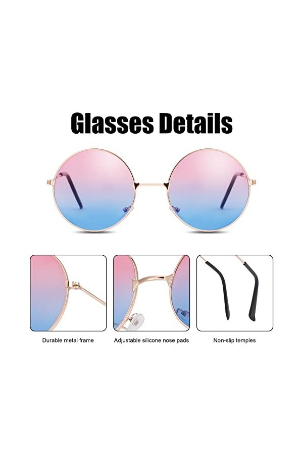 Fanshiontide 3 paires de lunettes de soleil hippie rondes style années 60 cercle coloré festival lunettes de soleil rave lune