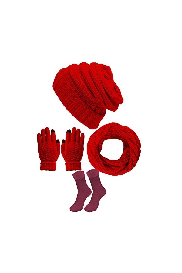 4 Pièces Ensemble Bonnet Écharpe Gants en Tricot Chaussettes pour Femmes,Gants à écran Tactile Tricotés Écharpe Chapeau Bonne