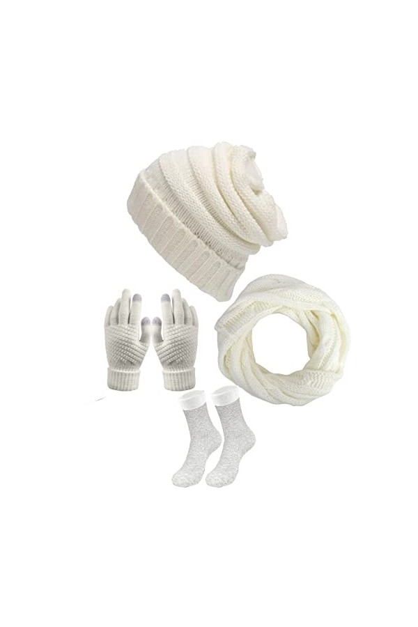 4 Pièces Ensemble Bonnet Écharpe Gants en Tricot Chaussettes pour Femmes,Gants à écran Tactile Tricotés Écharpe Chapeau Bonne