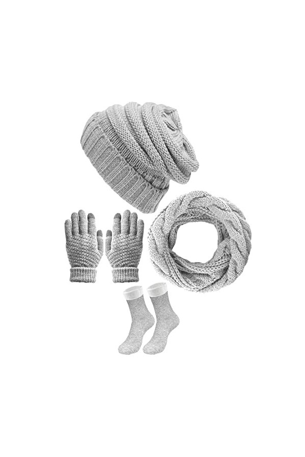 4 Pièces Ensemble Bonnet Écharpe Gants en Tricot Chaussettes pour Femmes,Gants à écran Tactile Tricotés Écharpe Chapeau Bonne