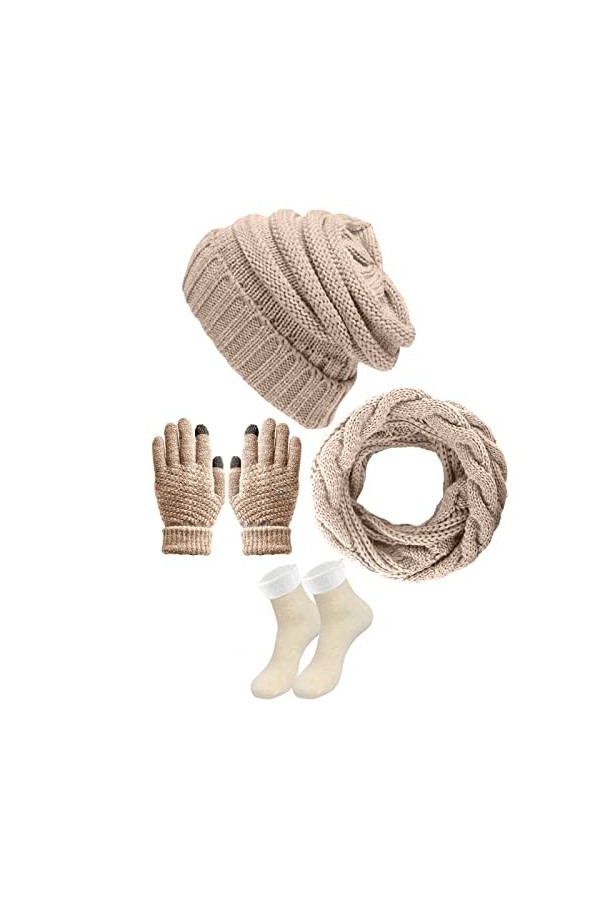 4 Pièces Ensemble Bonnet Écharpe Gants en Tricot Chaussettes pour Femmes,Gants à écran Tactile Tricotés Écharpe Chapeau Bonne