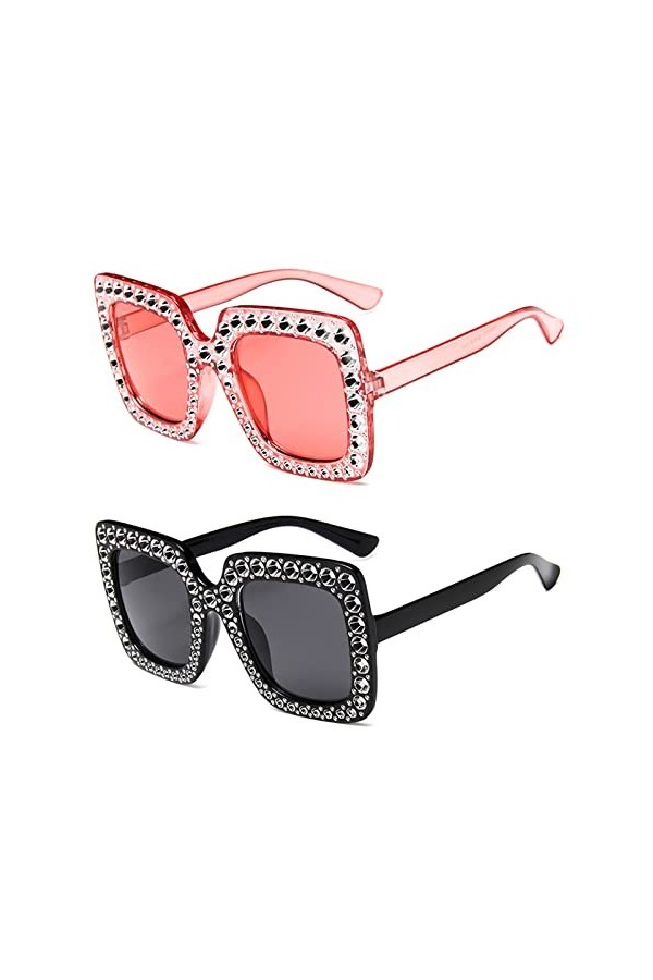 TSHAOUN 2 pièces Lunettes de Soleil pour Lunettes de Soleil carrées surdimensionnées Strass Shades Women,Lunettes de soleil S