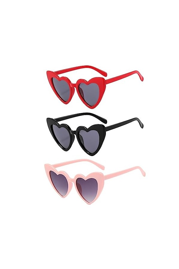 VIKSAUN 3 Paires Lunettes de Soleil en Forme de Coeur, Lunettes de soleil Vintage Love Heart des années 70, Lunette de Soleil