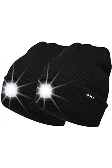 ATNKE 2 Pièces Chaud LED tricoté Chapeau de Bonnet Unisexe avec,USB Rechargeable Chapeau de Course Ultra Lumineux 4 LED Lampe